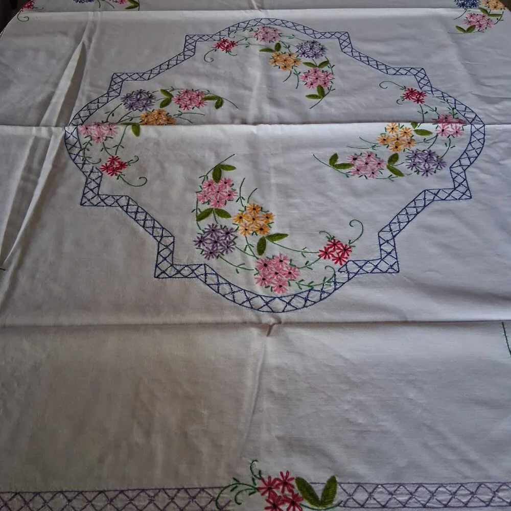 🌸 Vintage Floral Embroidered Tablecloth • Crochet Lace Edge • 54x58 Multicolor